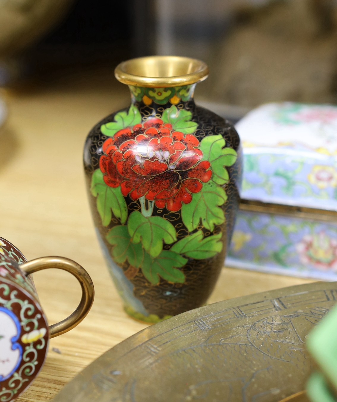 A group of Chinese cloisonné enamel and Guangzhou enamel vases, bowls and miniature tea pots together with a bronze dish, 27.5cm